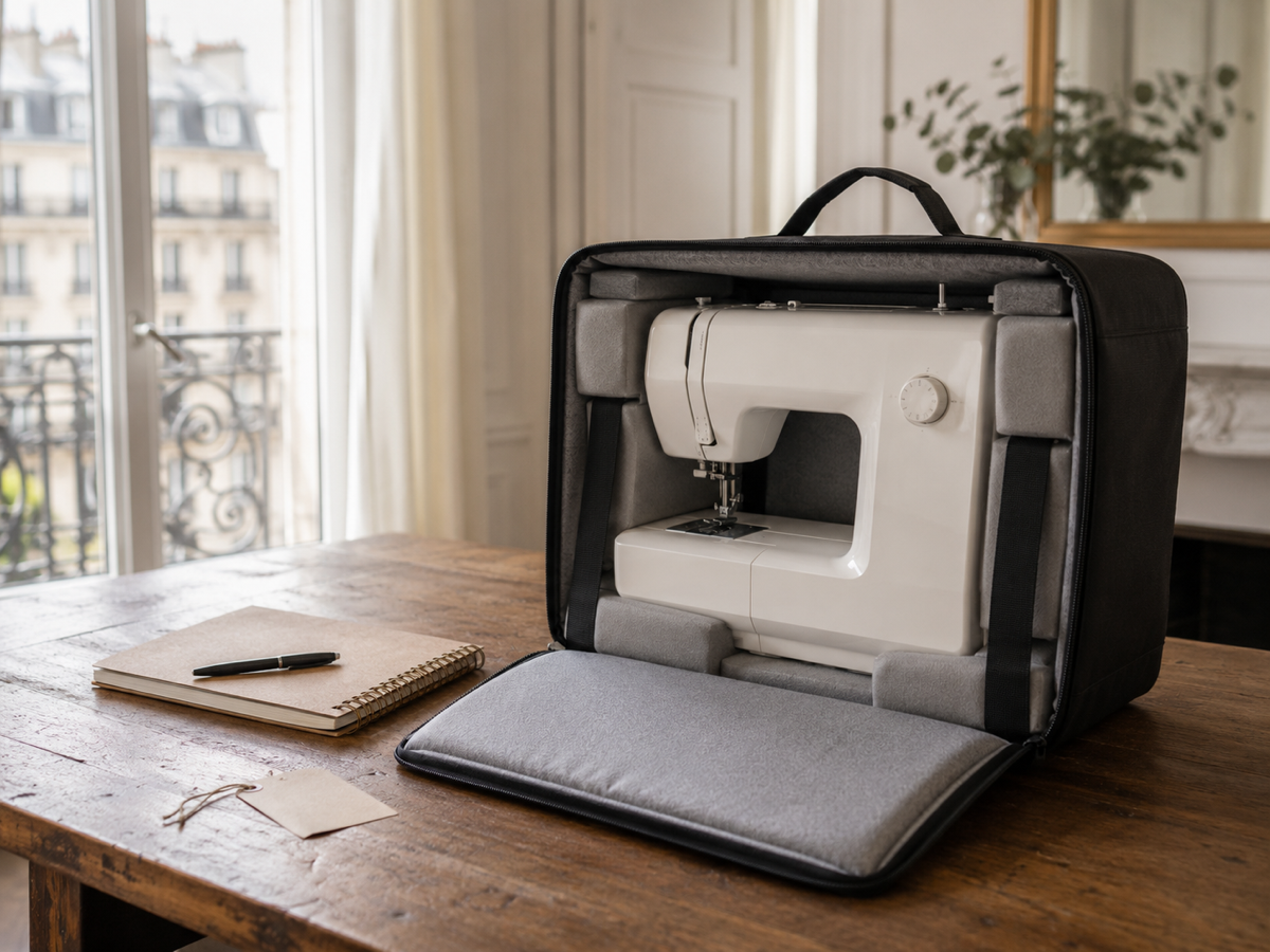 Machine à coudre protégée dans une housse de transport pour une collecte à Paris