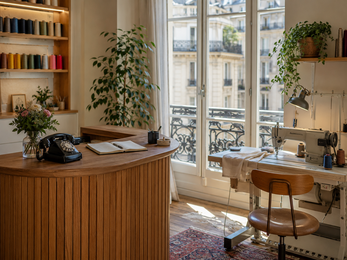 Coin accueil d’un atelier de couture à Paris avec machine et comptoir