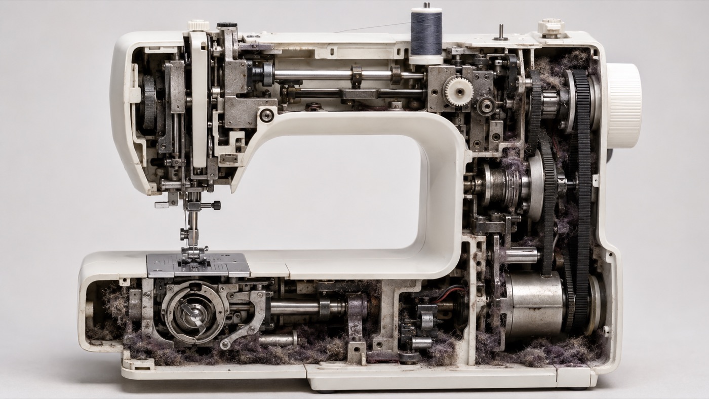 Vue en coupe 3D d’un mécanisme de machine à coudre encrassé par des poussières textiles