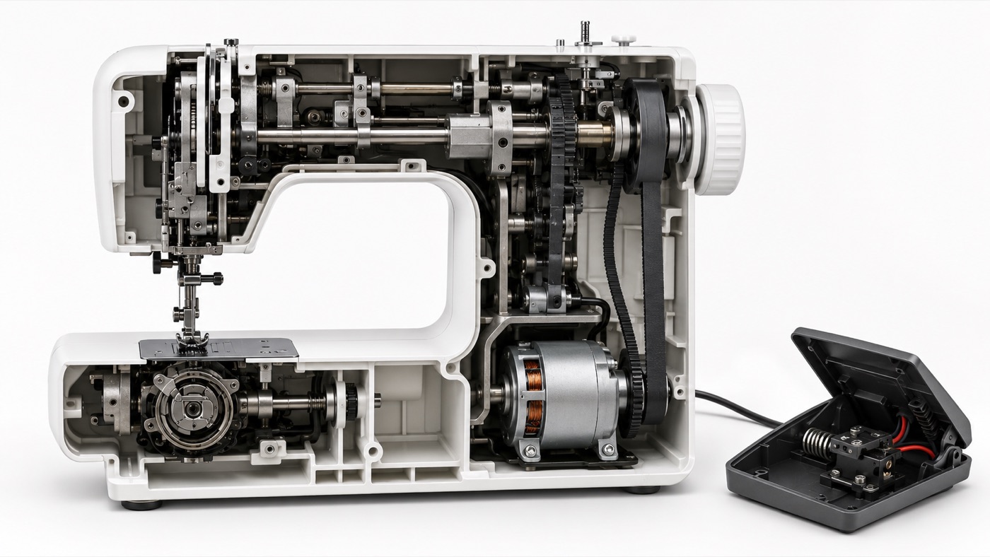 Vue en coupe 3D du moteur, de la courroie et de la pédale d’une machine à coudre